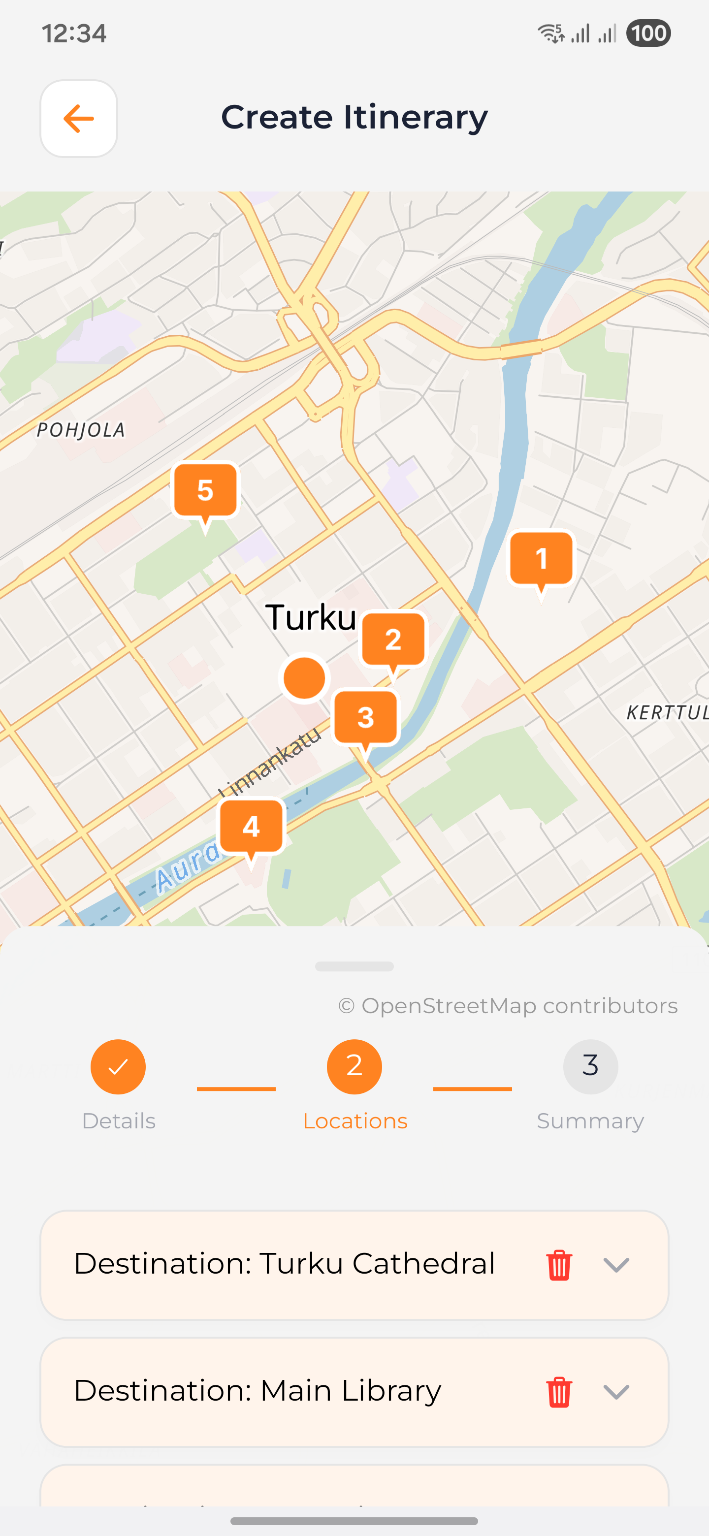 Create an itinerary with locations and details